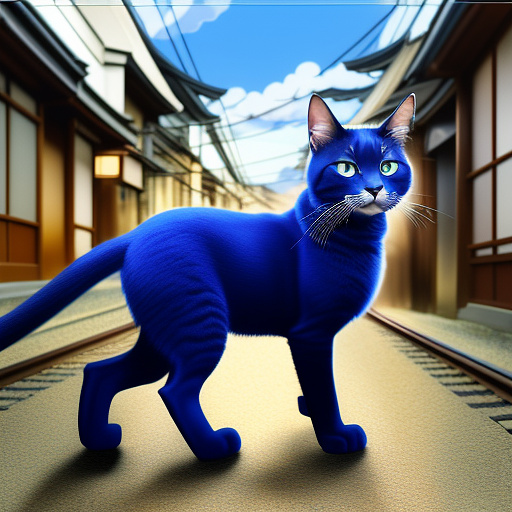 A standing cat with blue coat  holding a train toy with her two front legs in anime style