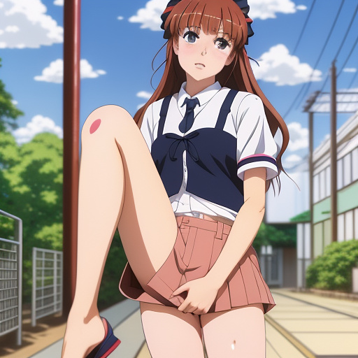 Girl be kick on her groin by other woman, dressed whit school uniform and shorts sufering in pain
 in anime style