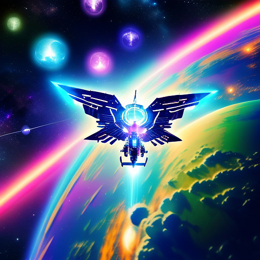 A cheerful transformer flies through space against the backdrop of planets. in angelcore style