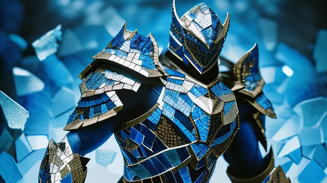 A fantasy blue armored knight at night in mosaic style
