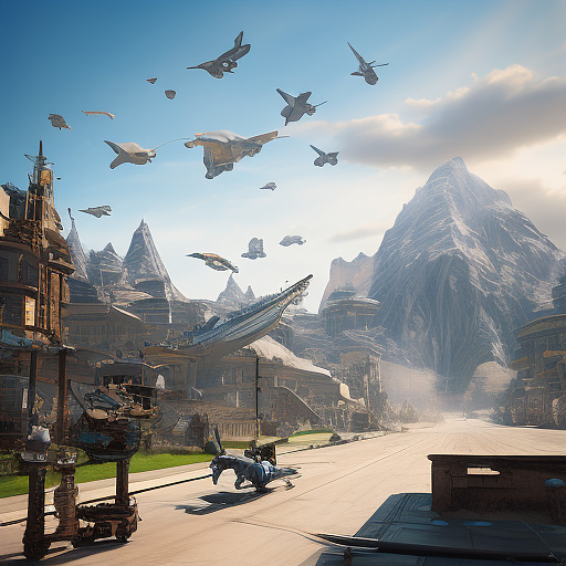 A funny plane is flying. people are falling out of it. in sci-fi style
