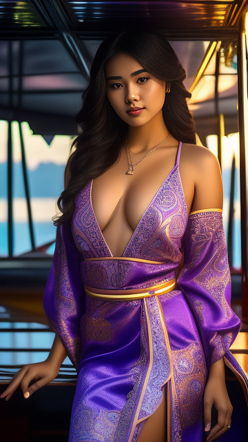 A young woman wearing a violet traditional thai dress with a floral pattern sits on a boat. there is fruit on the boat. (banana, watermelon, pomelo) pie in the flea market, ue5,no wear anything,naked,big bust,big cleavage,big chest,bare,slender body,white skin,very realistic,full body and smile,bright background. in sci-fi style
