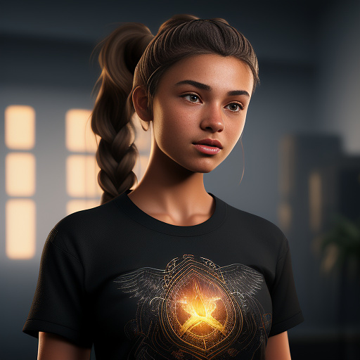 A beautiful young 16 year old girl with brown eyes and light brown hair tied into a thick ponytail. wearing a normal black shirt. 
 in angelcore style