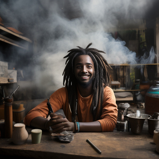 A black rastafarian is sitting on a worktable, smiling happily and smoking. the room is smoky. in custom style
