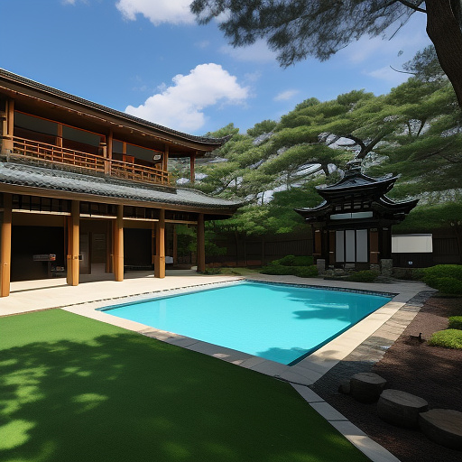 Ground floor:

entrance: large foyer with a wrap-around porch; mud room for storage.
living area: extra-large living room with high ceilings; adjacent formal dining room.
kitchen: spacious kitchen with an island counter, double ovens, and pantry; open to living/dining.
patio & outdoor area: expansive patio with a bar and grilling area; circular bar pool with swim-up bar.
garage: extra-large, housing multiple cars with storage and workshop; access to mud room.
driveway: space for 10+ cars.
recreational area: full-sized 11v11 turf field; nearby basketball courts.
second floor:

bedrooms: 5 total, including a master suite with en-suite bath.
bathrooms: 4 total; includes guest and shared baths.
gaming room: spacious area for entertainment.
wrap-around porch: access from master bedroom. in anime style