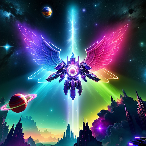 A cheerful transformer flies through space against the backdrop of planets. in angelcore style