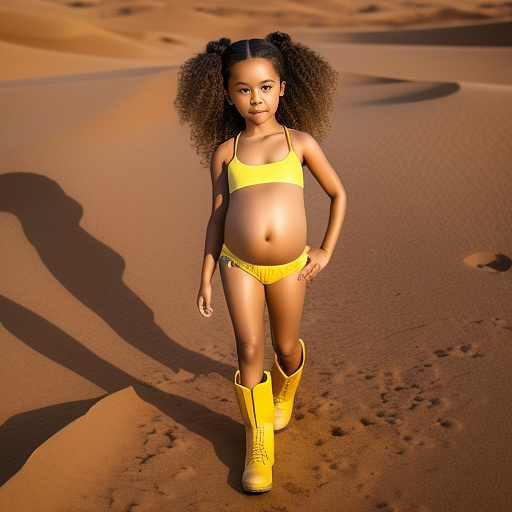 Realistic, detailed, pregnant, 7-years-old, jenna ortega, desert, yellow bikini and boots, hairy armpits in custom style
