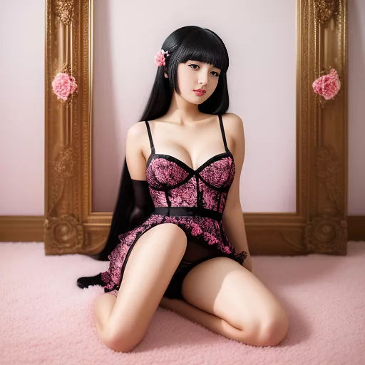 Gorgeous woman, 25 years old, black hair, short pink floral dress, stockings, sitting in anime style