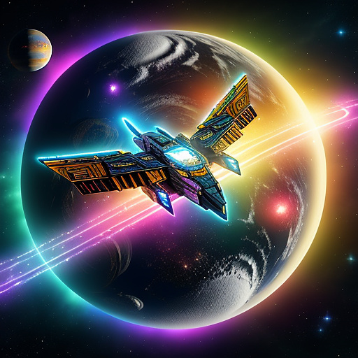 A cheerful transformer flies through space against the backdrop of planets. in angelcore style