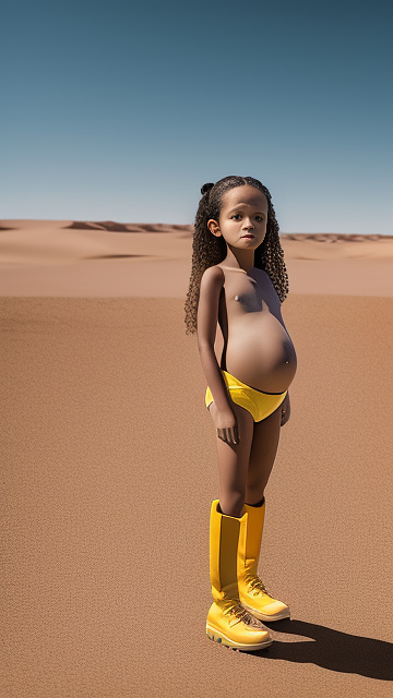 Realistic, detailed, 7-years-old, jenna ortega, pregnant, yellow boots, completely nude, desert, full body in custom style