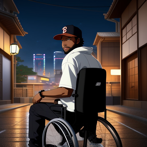 Black man wearing baseball cap sitting in a wheelchair holding a blaster with a night time city background  in anime style