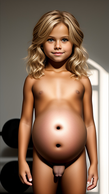 Realistic, pregnant, 7-year-old-boy, blonde hair, gym, nude, penis  in custom style