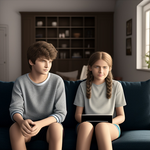 Ultra realistic a cute 14 year old german girl and her 20 year old brother are sitting on the sofa in the living room in their underwear in custom style