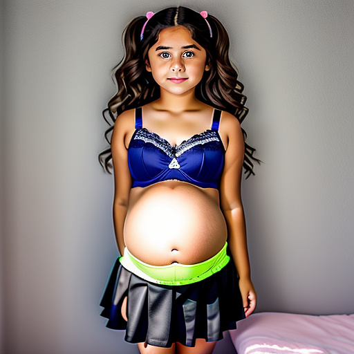 Pregnant 13-year-old girl wearing a only a skirt and bra while showing her big "gassy" belly to the camera in custom style