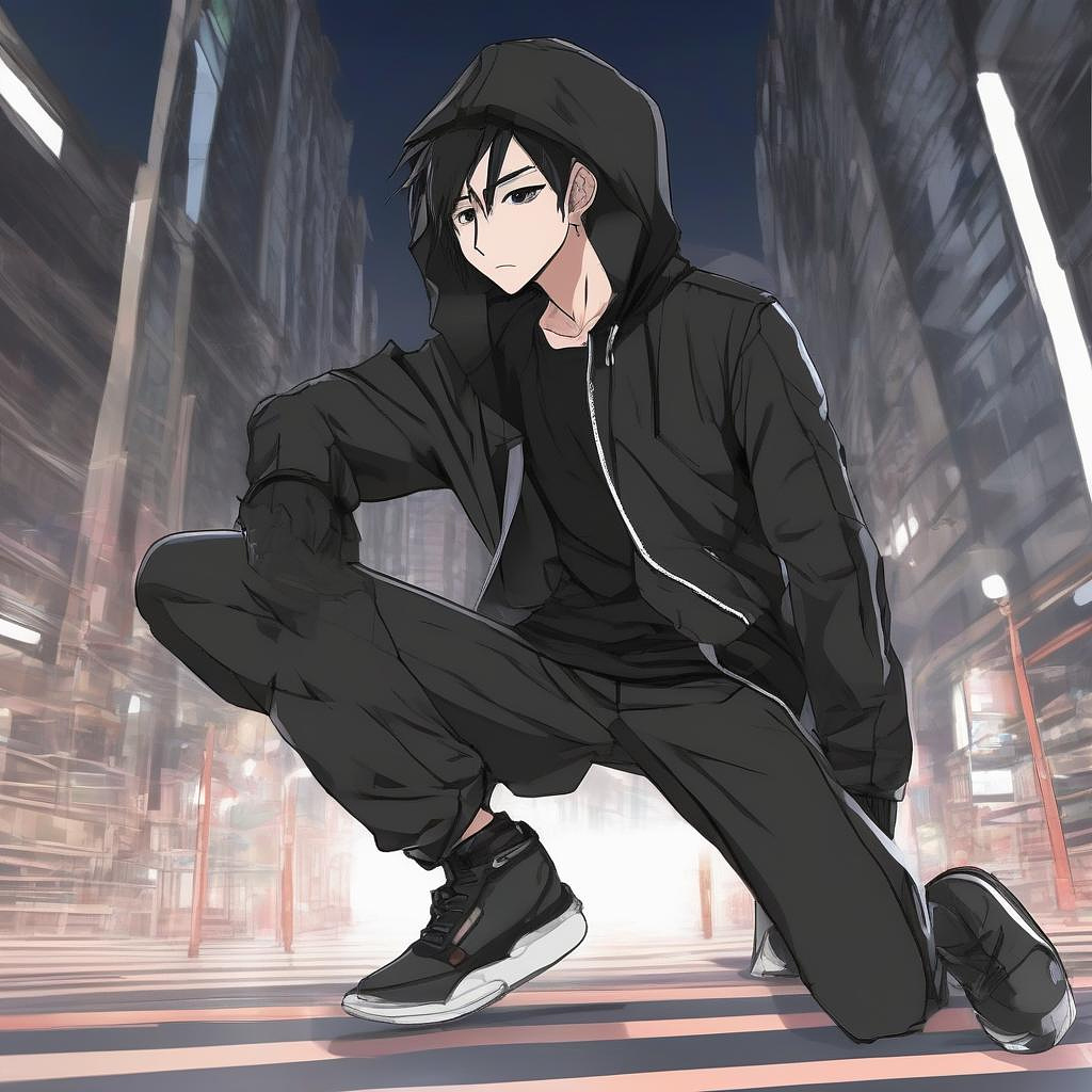 Male, black hair, black jacket zipped up, black shirt, black pants, black shoes, gator neck face mask, hood over head in anime style