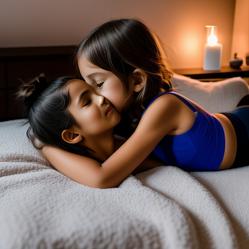 A romantic moment between a childhood couple in a cozy bedroom. the 11-year-old sexy hot girl, wearing a light, stylish bras and yoga pants, shares a gentle kiss with her 11-year-old boyfriend.  in custom style