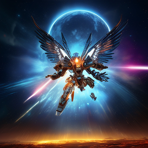 A cheerful transformer flies through space against the backdrop of planets. in angelcore style