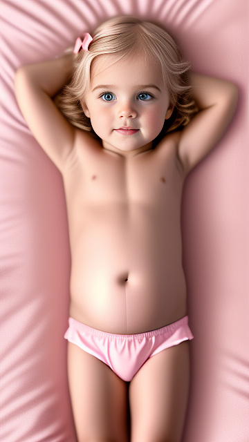 Realistic, detailed, 4-year-old blonde girl, in  pink wet underwear, pregnant, laying in bed, top down full body view, red blush, right hand on belly   in custom style