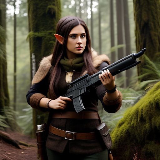 Monster hunter, in a forest, brown hair, female elf with two handguns  in custom style