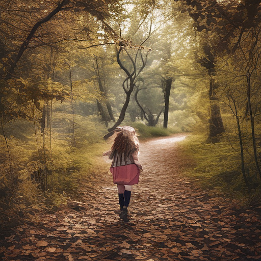 A 9-year-old girl is walking along a forest path. it's evening. she has a basket in her hand. view from behind. in custom style