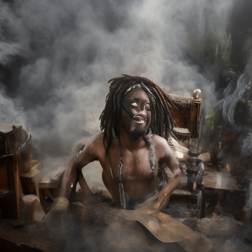 A black rastafarian is sitting on a worktable, smiling happily and smoking. the room is smoky. in custom style