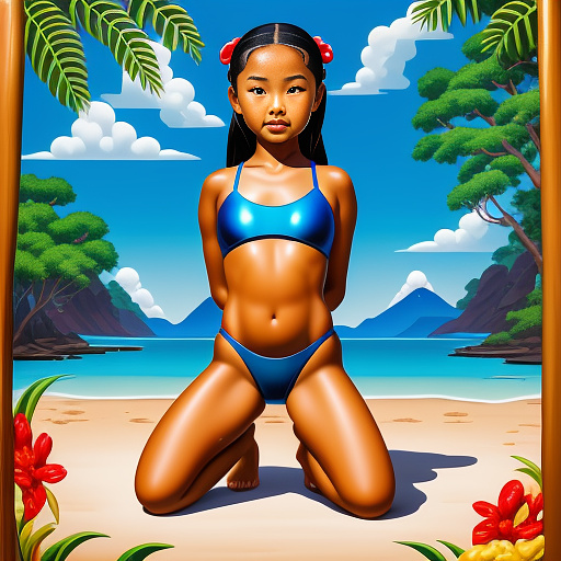 12 year old girl
realistically oiled up
swimsuit
kneeling
asian in disney painted style