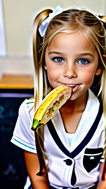 White, blonde, flirtatious expression , girl 9 years old, school outfit, eating a banana  in custom style