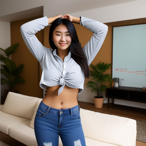 Asian college student with big boobs and her arms up and in a loose long sleeve tied cropped shirt and long jeans pants and showing her whole belly and standing in the living room in custom style