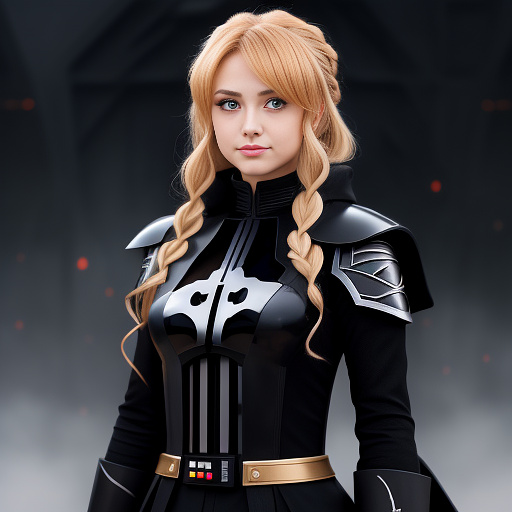 A sith lady with blonde hair, wearing a black costume, kills darth vader. in anime style