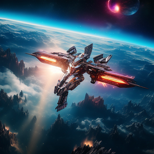 The transformer flies through space against the backdrop of planets in angelcore style