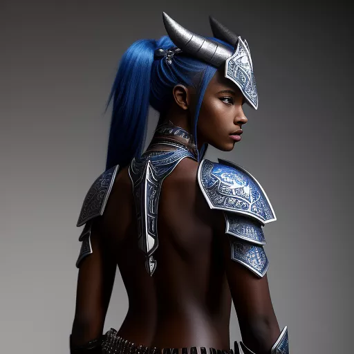 A humanoid blue skinned female dragonborn wearing mahogany leather armor with silver metal detailing, with black runic tattoos, with a double bladed axe strapped to her back in anime style