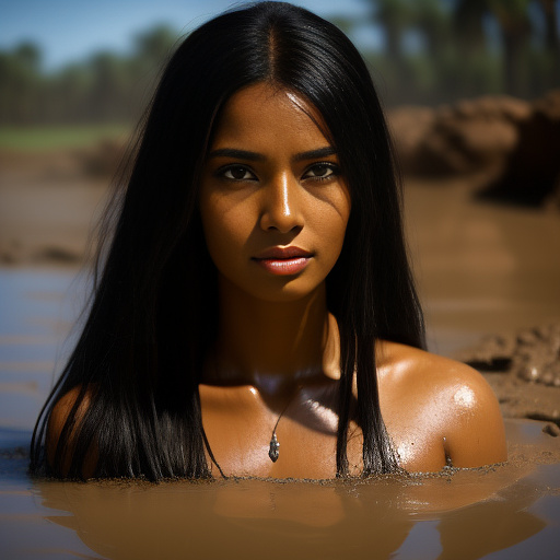 A beautiful woman with light tan skin and long straight black hair  submerged chest deep in mud. she is disgusted and crying. in egypt style