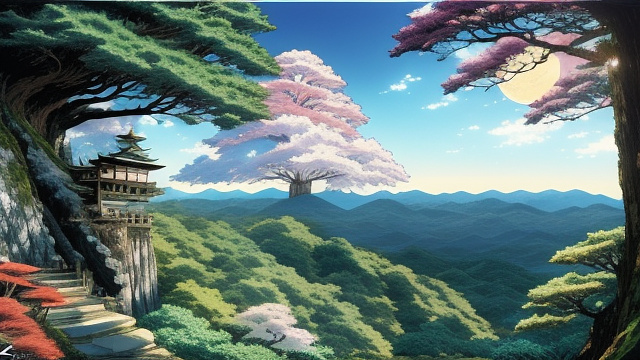 Forest on top of a cliff and a moon in the front. point of view at the edge of the cliff in anime style