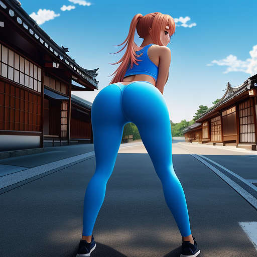 A gorgeous girl stretching with a massive ass skinny blue tights 💙 stretching bigger booty tights bigger booty tights make it massive and mouthwatering large and in jeans popping out in my face make it larger like way bigger booty stretching the pants big
 in anime style