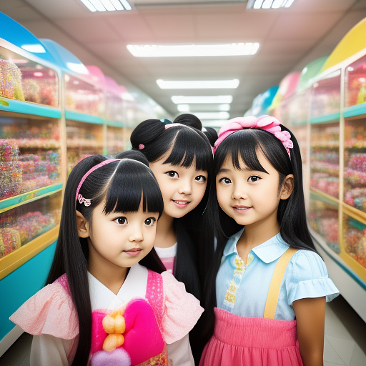 Two japanese sisters, one older and one younger, both having long black  hair with bangs and light blue eyes and the younger one having hello kitty hairclips in her hair. in kids painted style