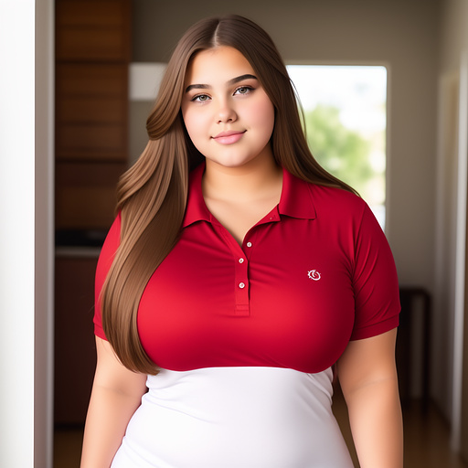 18 year old huge thick curvy bbw white girl brown long hair behind head  and in 5 buttons tipped red polo shirt 
 in custom style