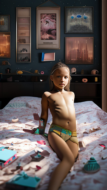 A 7-year-old girl lies naked on a bed and masturbates. in sci-fi style