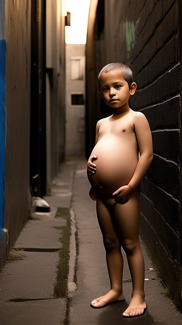 Pregnant, 7-years-old-boy, male nudity, alleyway  in custom style