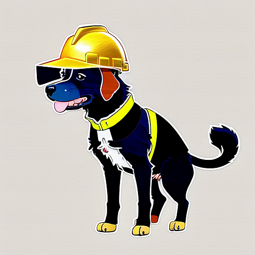 Cute dog with hard hat standing & looking alert in anime style