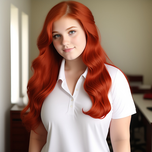 18 year old huge thick curvy bbw white girl ginger long hair behind head  and in 5 buttons tipped red polo shirt 
 in custom style
