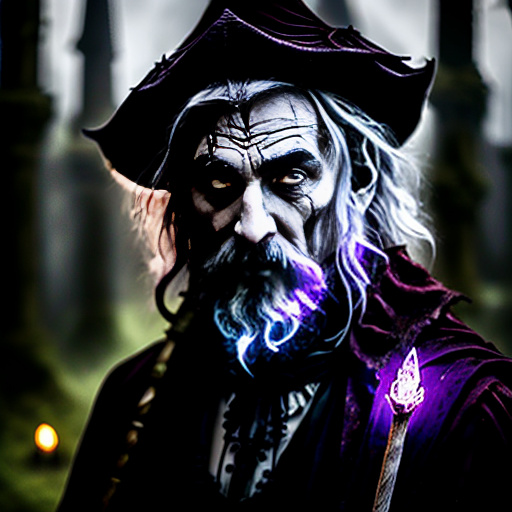 An old gruff and muddy druid. he grips a glowing purple staff planted in the ground. evil looking face. portrait shot, full body. in gothic style