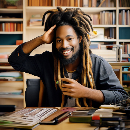 A black rastafarian is sitting on his desk, smiling happily. in custom style