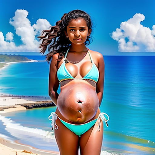 Pregnancy of 13-years-old girl pregnant of 43 weeks at the beach wearing bikini and a big sweaty belly with *white skin* and juicy milky boobs  in custom style
