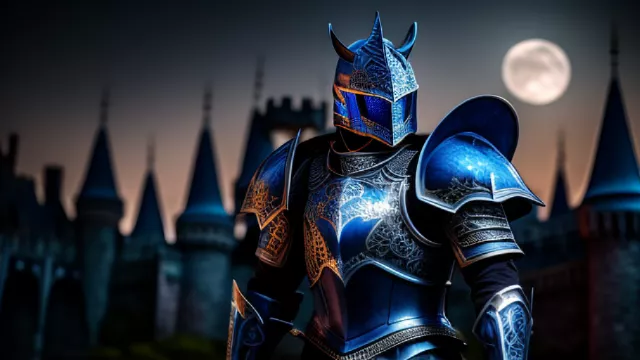 A fantasy blue armored knight glooms at night under the moonlight in front of a dark castle in disney painted style