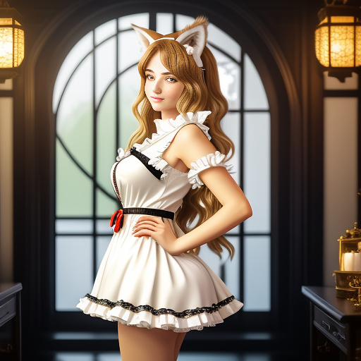> “a voluptuous and sensual anime-style wolf girl with golden-blonde hair and bright green eyes. she has large fluffy wolf ears and a soft bushy wolf tail. she is wearing a modern, sexy maid outfit inspired by french maid uniforms: a fitted bodice, frilled apron, puffed sleeves, short skirt, and a red bow. the outfit is in soft tones of cream, gold, and black. she is standing confidently in a richly decorated mansion hallway with warm candlelight and golden ambience. soft lighting, detailed shading, high-quality anime style similar to kyoto animation or makoto shinkai, ultra-detailed face, soft feminine skin glow. full body, slightly seductive pose.” in anime style