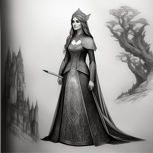 Modest elven fantasy heroine
high-necked gown in pancil style