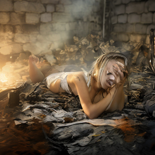 The room is dark, smoky and a mess, the bed is broken. there is an ashtray with an outstanding cigarette on the table. a 13-year-old girl is lying on a bed and crying. in custom style