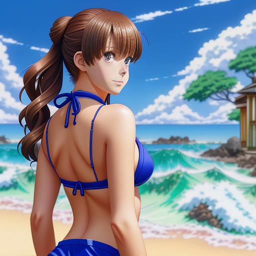 Raegan revord tv actor wearing a bikini, realistic, highly in anime style
