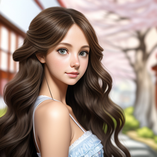 Create an image of a beautiful young girl with big blue eyes small soft lips and a cute nose long wavy hair a slender neck large breasts small waist slender hips i know we just met but i think you're super hot i know you're going to be a sexy baby and i really love you in anime style