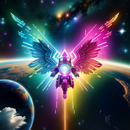 A cheerful transformer flies through space against the backdrop of planets. in angelcore style